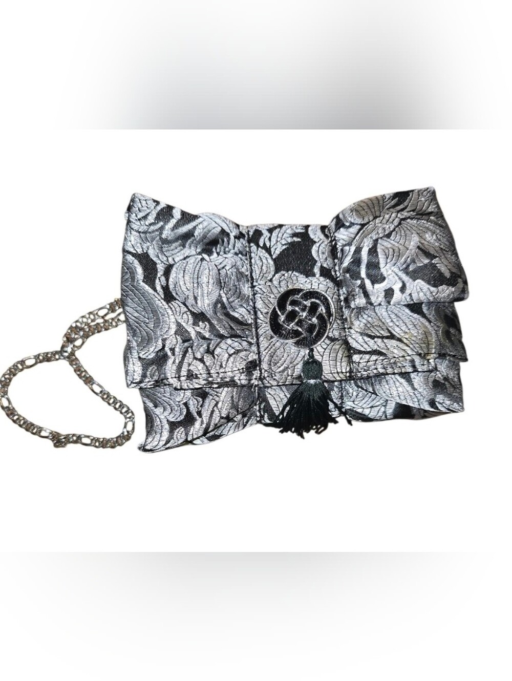 White House Black Market black and silver brocade clutch wristlet featuring
